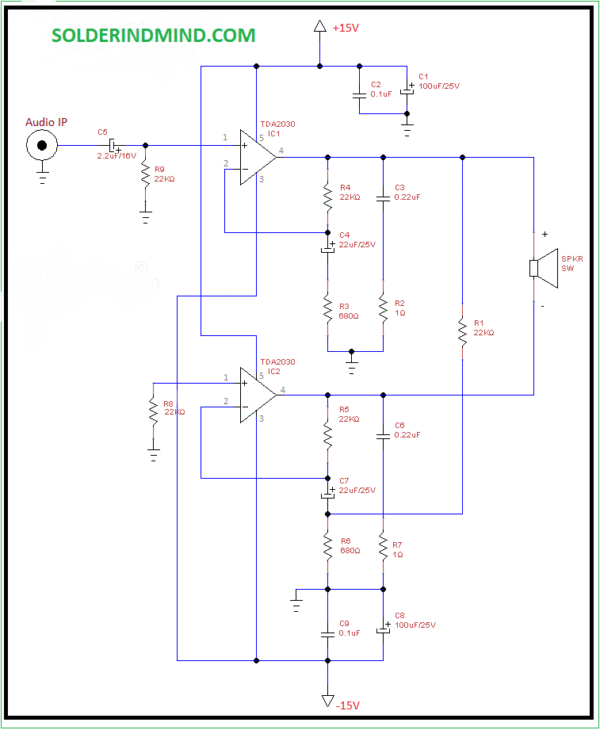 TDA2030 Bridged Subwoofer amplifier circuit - Amplifier Circuits