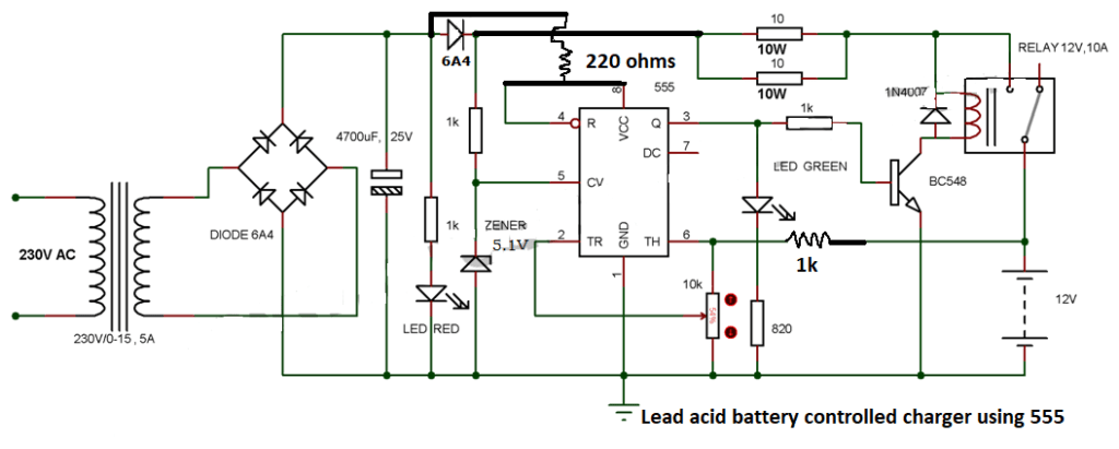Automatic lead acid battery charger circuit using 555 timer ic