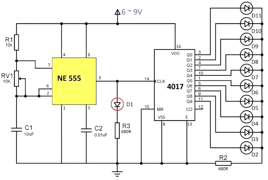 LED chaser using cd4017 and 555