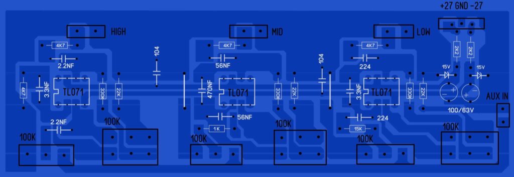 3 way active crossover pcb layout in blue colour  board