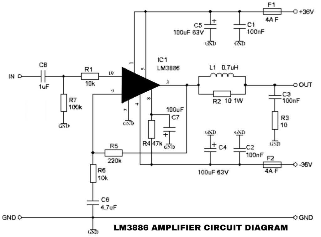 Lm3886 ic audio amplifier circuit diagram