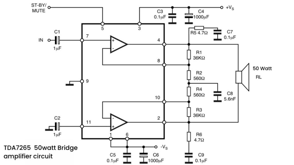 Tda7265 50 watt bridge amplifier circuit diagram