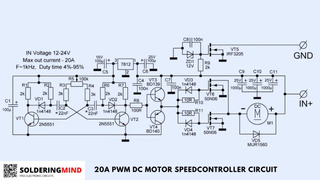 20A PWM DC motor speed controller circuit diagram.