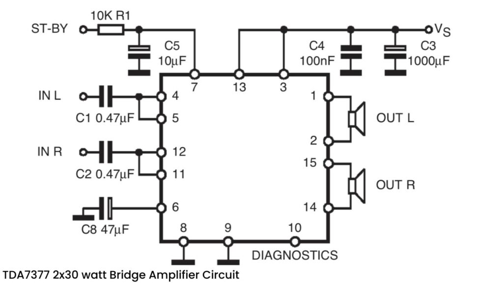 Tda7377 2x30 watt bridge amplifier circuit diagram