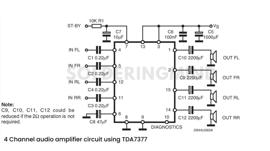 4 channel audio amplifier circuit using TDA7377 diagram