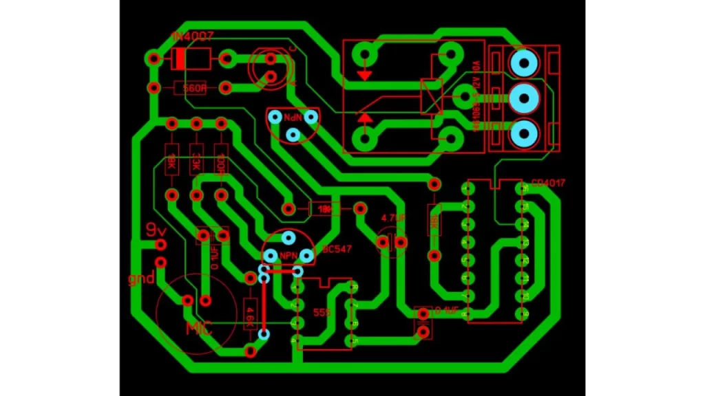 clap switch using ic 4017 and 555 pcb layout diagram