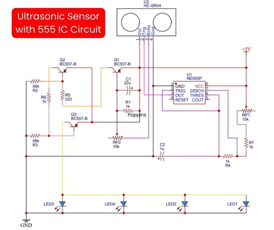 ultrasonic sensor with 555 timer IC circuit diagram