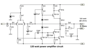 120 watt power amplifier circuit using tip35 and tip36 transistors