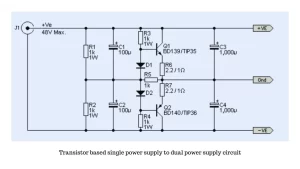 Transistor based single power supply to dual power supply circuit