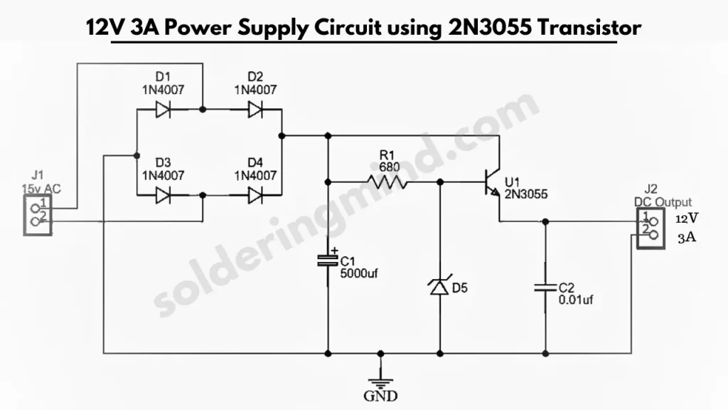 12V 3A Power Supply Circuit using 2N3055 Transistor