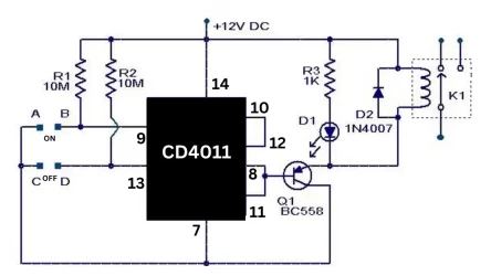 Cd4011 touch on off switch circuit