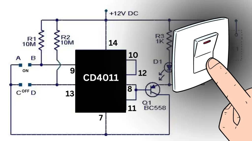 Touch ON/OFF switch circuit using CD4011 IC