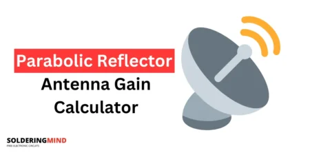Parabolic reflector antenna gain calculator interface with input fields for diameter and frequency, a calculate button, and result display.