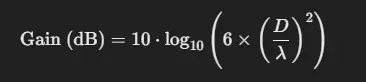 Equation for calculating the gain of a parabolic reflector antenna, showing the relationship between diameter, wavelength, and frequency.