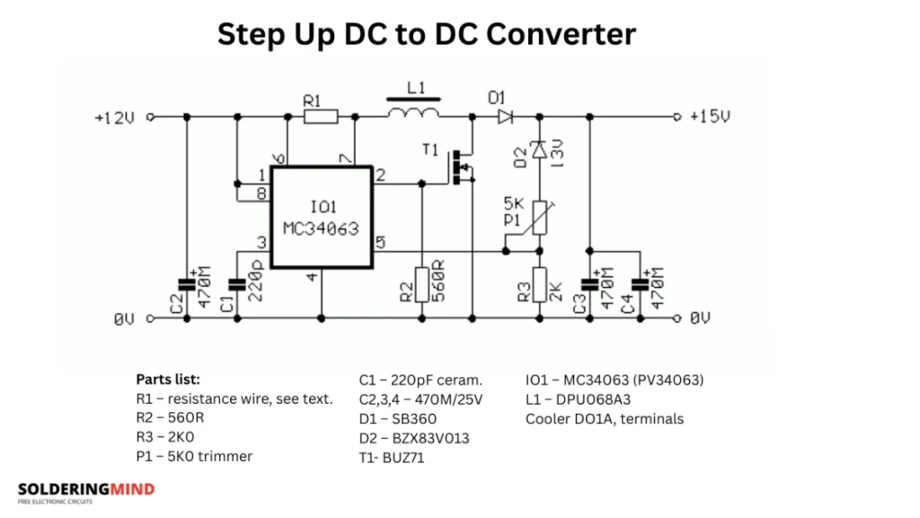 Step Up DC to DC Converter 12V to 15V Circuit Using MC34063 with PCB Layout