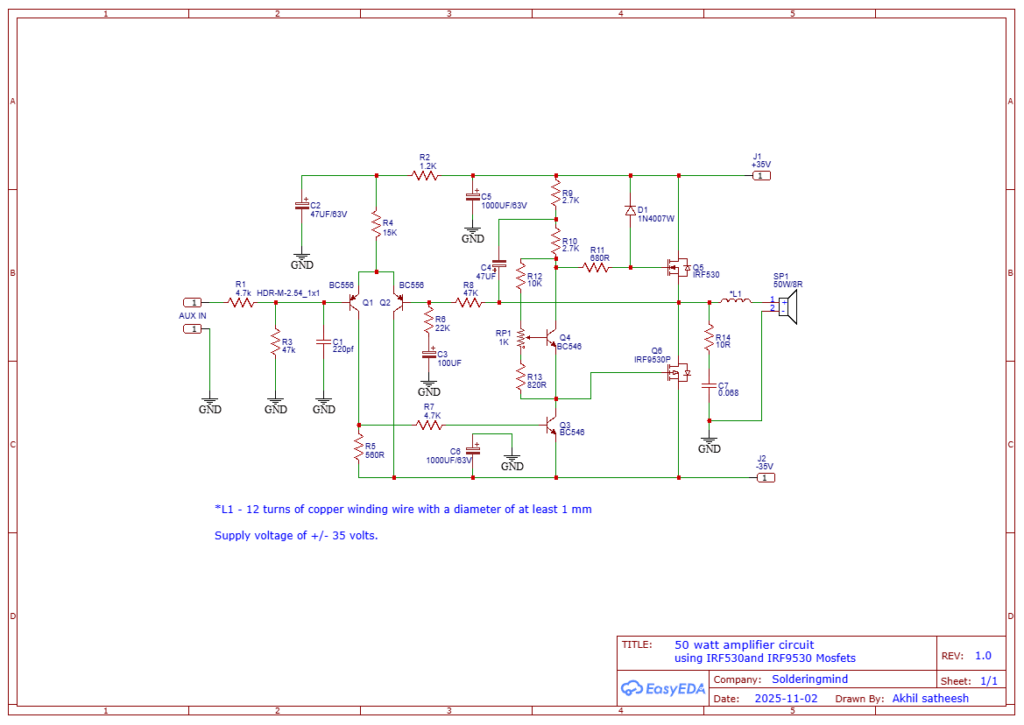 50 watt amplifier circuit using irf530 and irf9530 mosfet