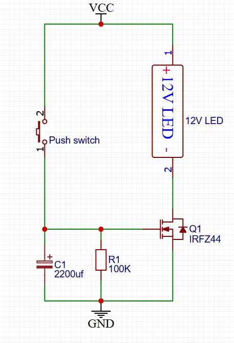 Delay LED off circuit diagram using IRFZ44